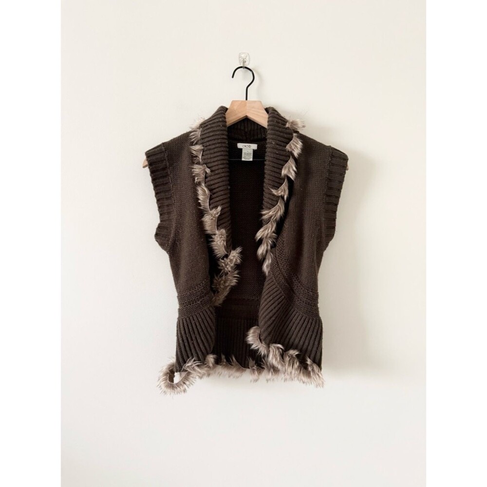 Cache Vintage Brown Faux-Fur Trim Sleeveless Knit Cardigan Vest Size XS
